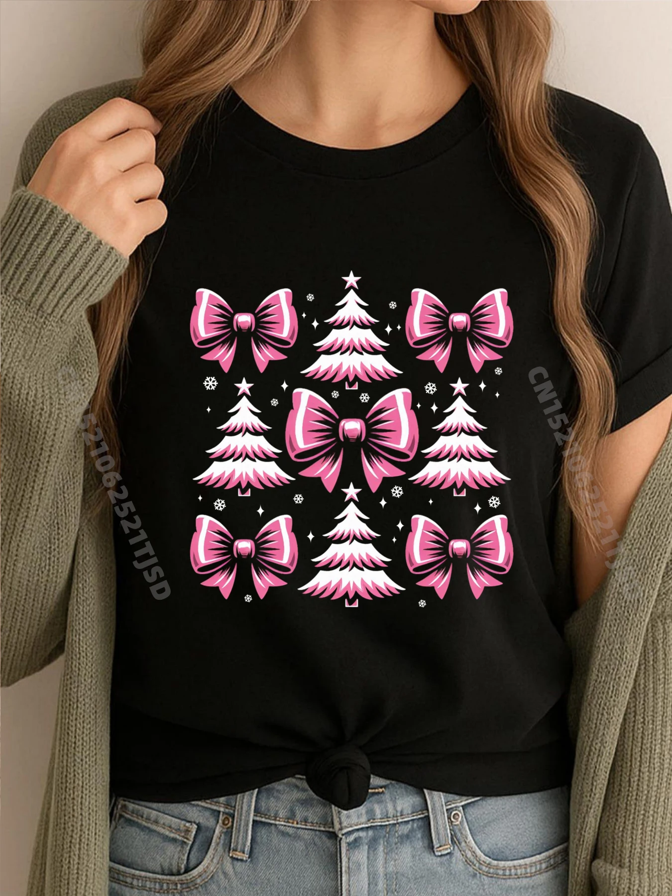 

Розовая Рождественская елка Торт Модная кокетка с бантом Рождественская роскошная одежда Camisetas De Hombre Графика