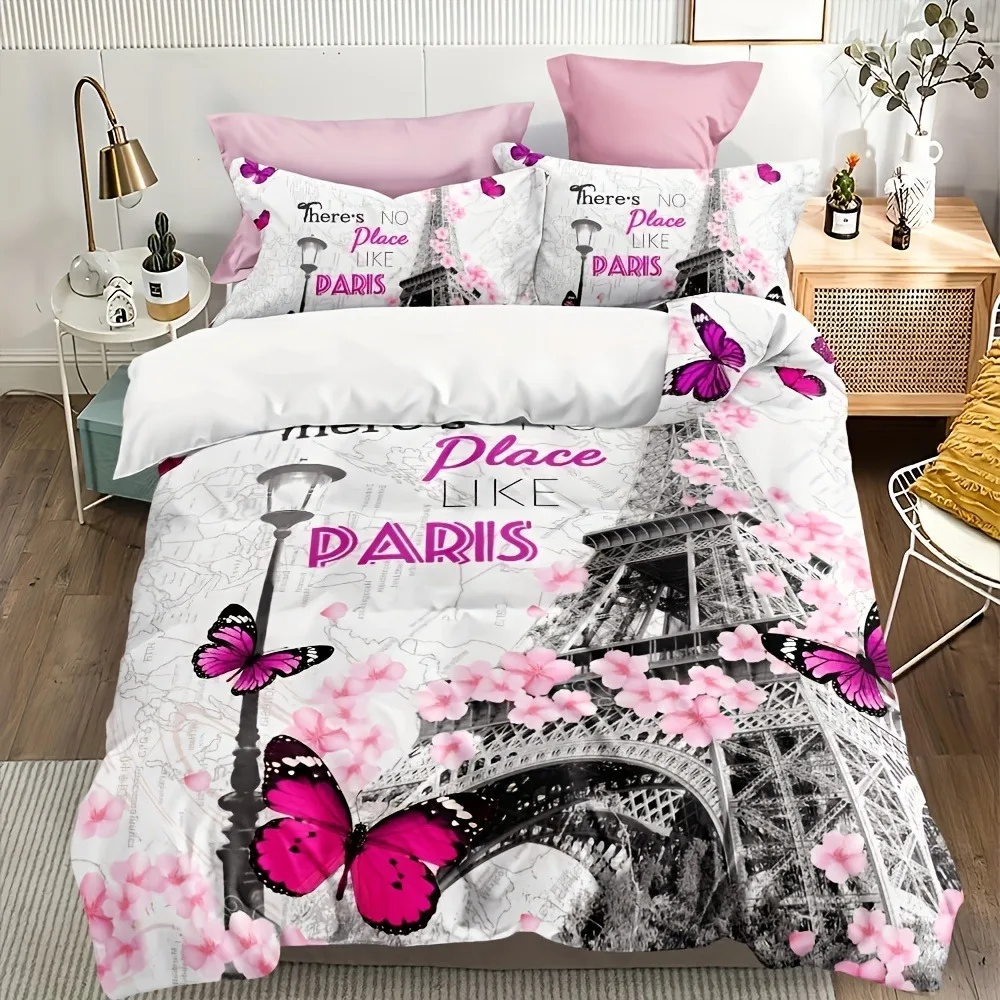 3pcs Pink Bedding Set Paris Eiffel Tower Print Cozy Duvet Cover Set King Queen Twin Single Size Birthday Gift Girl Bedroom Decor