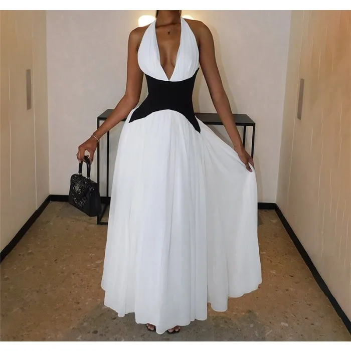 Elegant Women's Dress 2025 Summer Fashion Sexy V-neck Hanging Neck Color Blocked Splicing Waist Cinching Sleeveless Long Skirt
