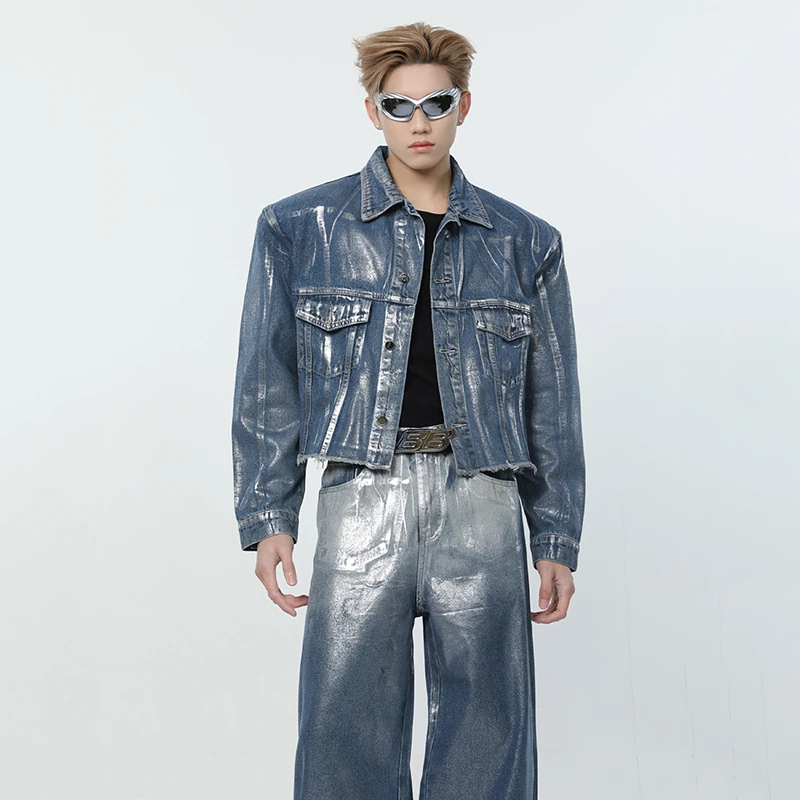 IEFB Niche Style Male Denim Two-piece Liquid State Washing Turn-down Collar Long Sleeve Jackets Worn-out Jeans Summer 9C6544