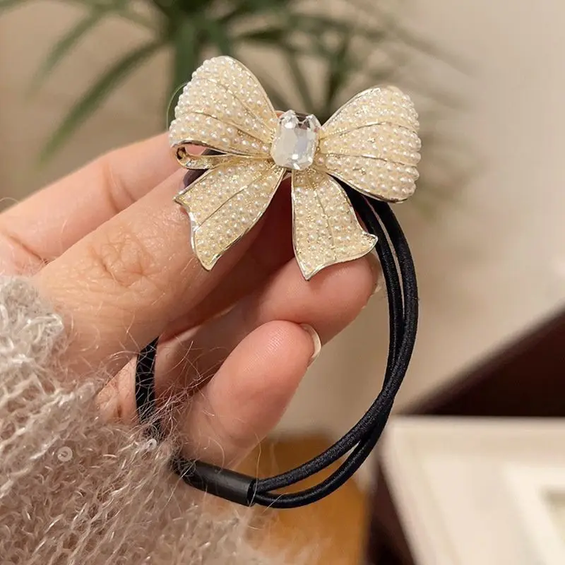 ربطة شعر أنيقة على شكل فيونكة لؤلؤية للفتيات على شكل ذيل حصان كوري، أربطة شعر مرنة للنساء، عصابات رأس #6