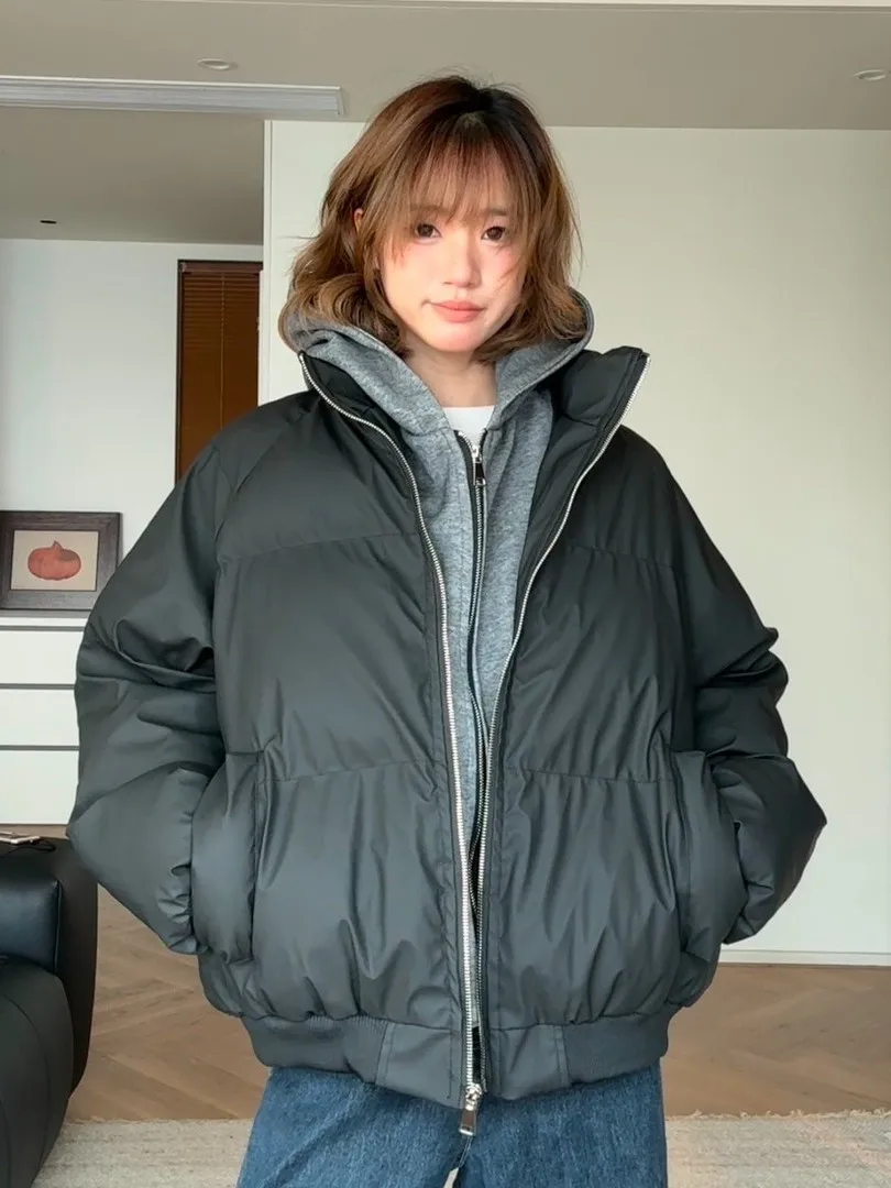 

Winter Thiened PU Leather Hooded Jaet Double Zipper Fake Two-Piece Cotton Men's Faionable ort Coat for Couples Warmth