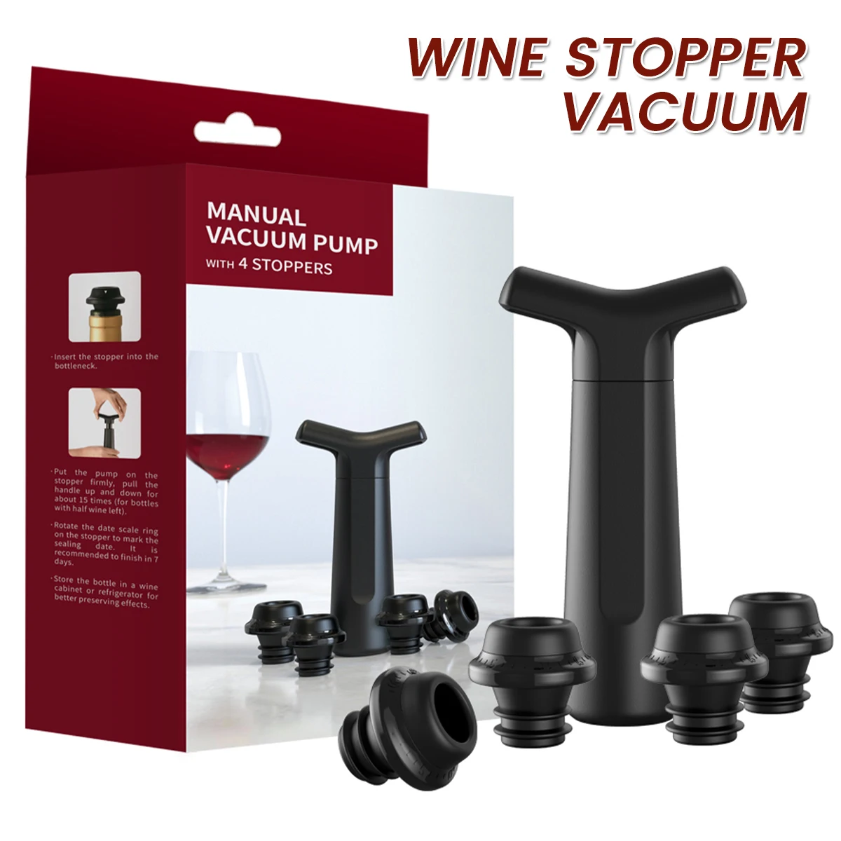 Wine Saver Set with 1 Vacuum Pump and 4 Vacuum Wine Stoppers with Time Scale Leak-proof Wine Preserver Corks for Keep Wine Fresh