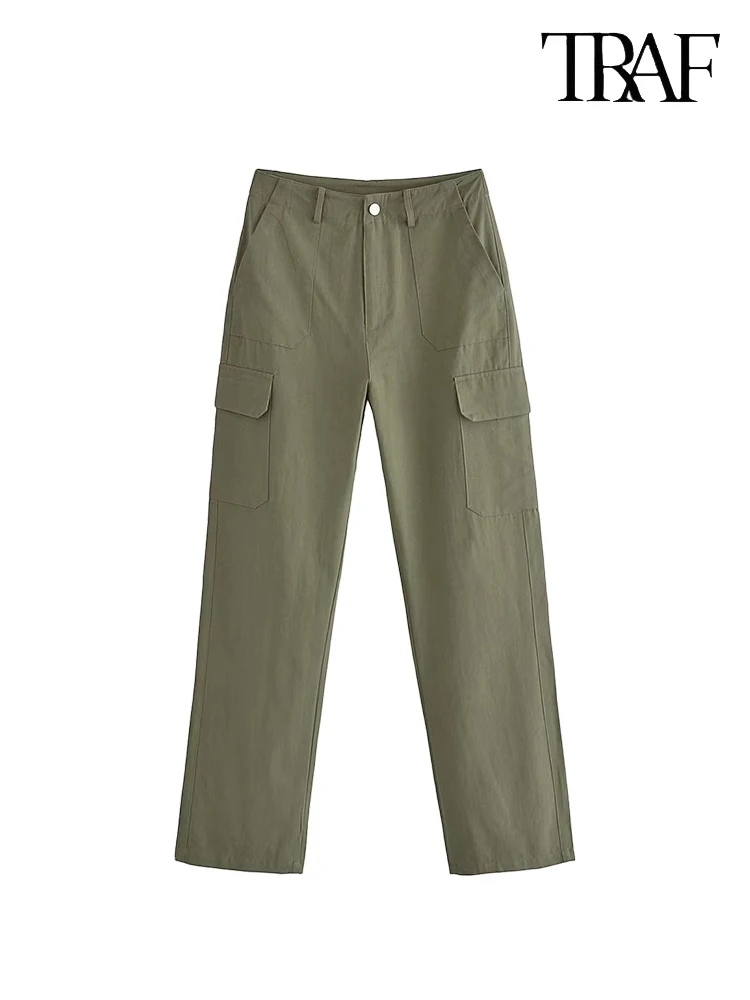 TRAF Pantaloni retrò a vita alta da donna con gamba dritta Moda multitasche Pantaloni da lavoro Street Beat Pantaloni casual da donna