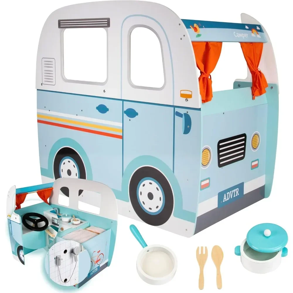 Wooden Play Camper Van Toy Playset W Steering Wheel, Kitchen, Stove, Oven, Bed, Pillow, Pretend Shower, Personalization Stickers