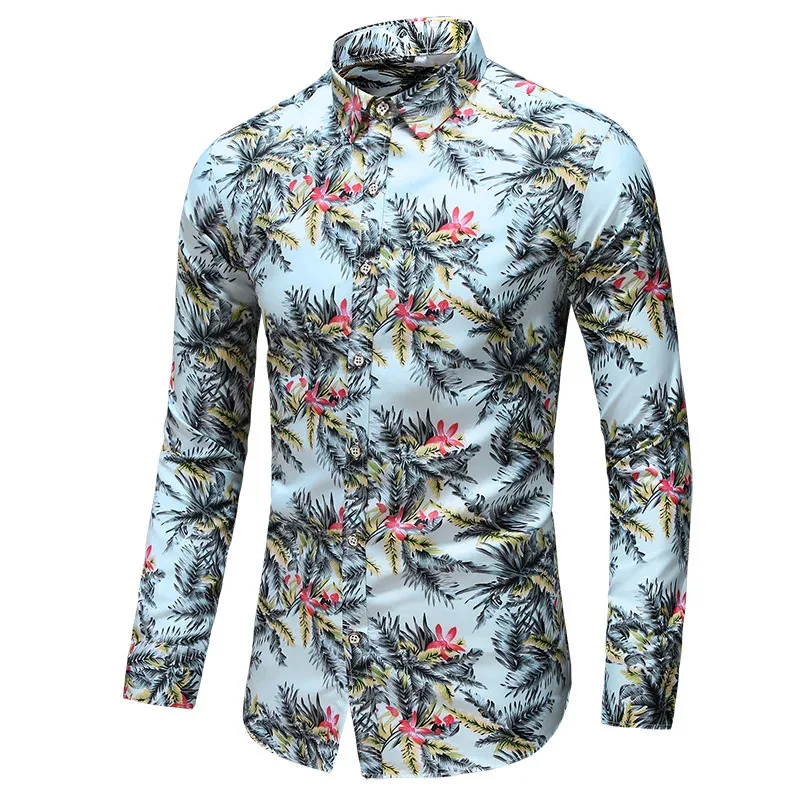 Multiple Colors Men Slim Flower Printed Casual Shirt Autumn Male Holiday Party Long Sleeve Dress Shirts Camisa Masculina 5XL