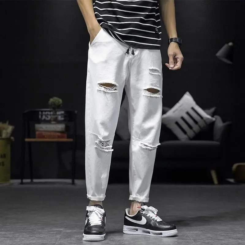 

Harem Men's Jeans Broken Ripped Torn Trousers Aesthetic Washed Japanese Street Style Stylish Denim with Holes Male Cowboy Pants