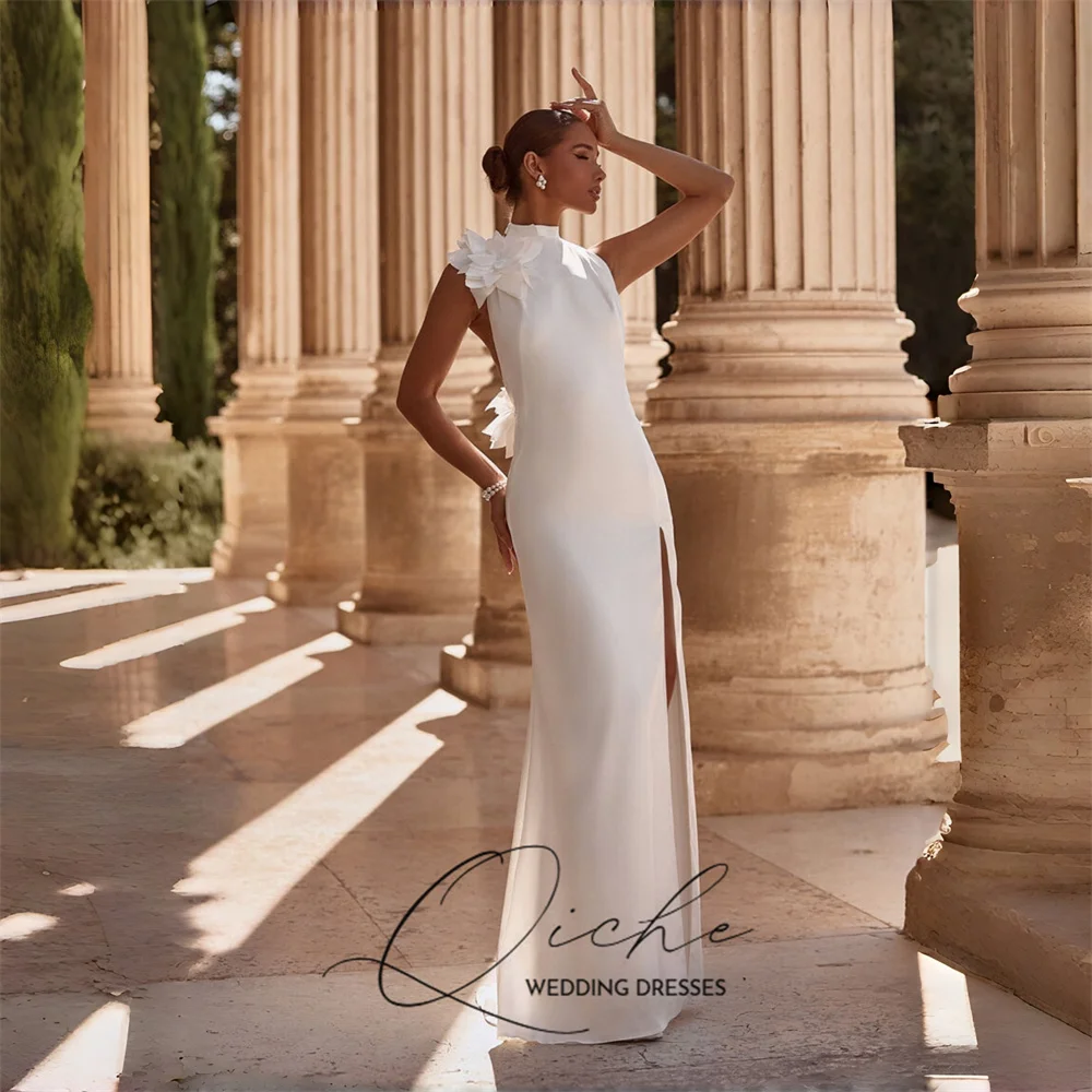 QICHE  Modern Flowers Mermaid Wedding Dress Women 2026 Sleeveless Open Back Slit Bridal Party Gown Vestidos De Noiva Customized