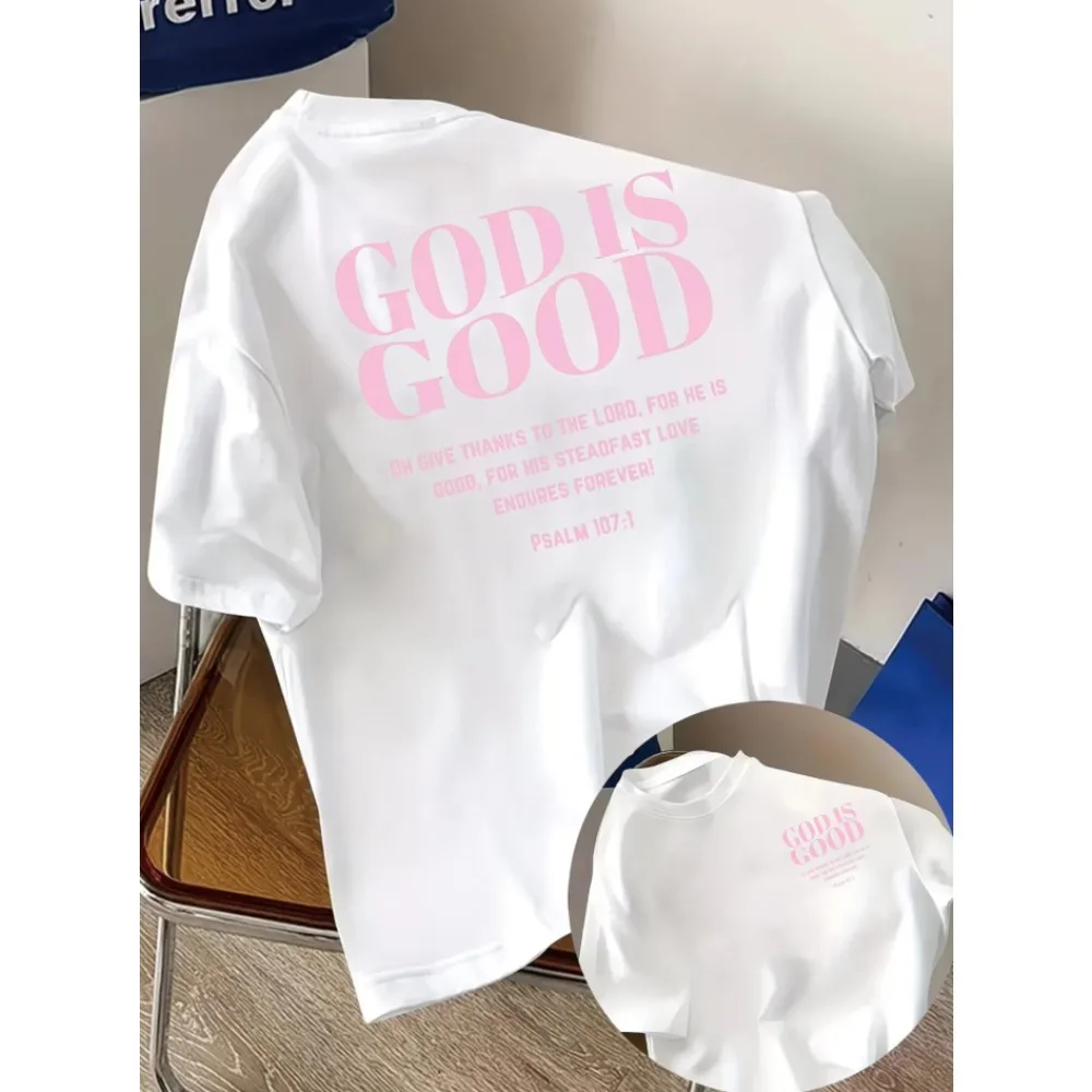 God Is Good, Thank the Lord Print Tshirt Short Sleeve Crew Neck Casual Top for Summer Spring, Women's Clothing