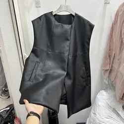 Pu Black Vest Women's Spring And Autumn 2024 New Fashion Sleeveless Round Neck Kam Shoulder Coat Top