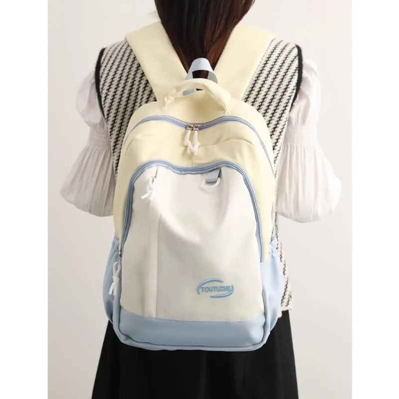 2026 New Color Block Student Backpack Large Capacity Waterproof Nylon School Bag Lightweight Laptop Casual Travel Rucksack