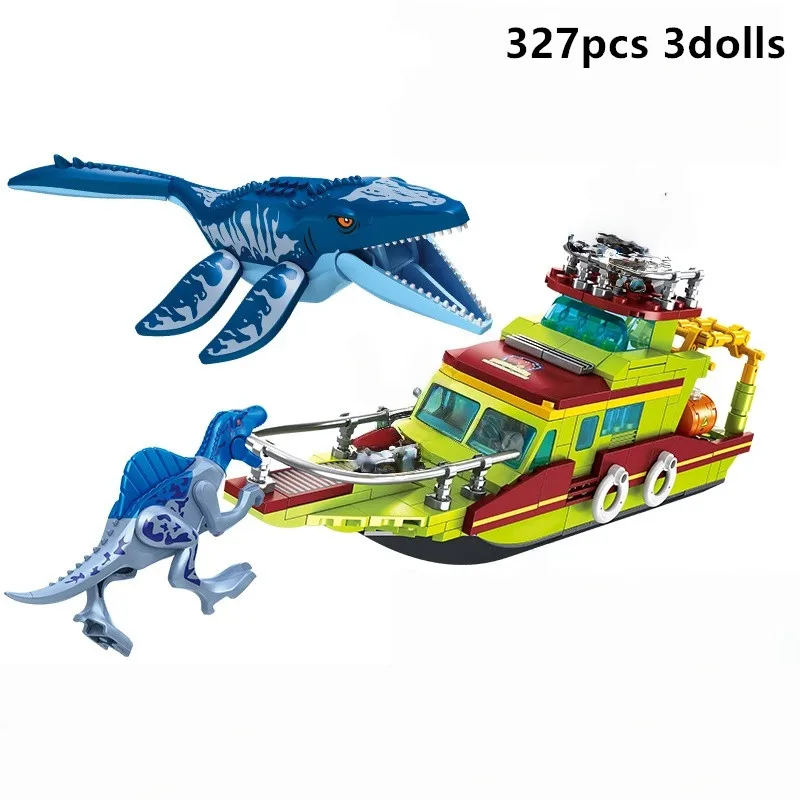 Jurassic Dinosaur Ocean Exploration Ship Building Blocks Set 327Pcs Mosasaurus Spinosaurus Dino Bricks With 3 Dolls DIY Assembly