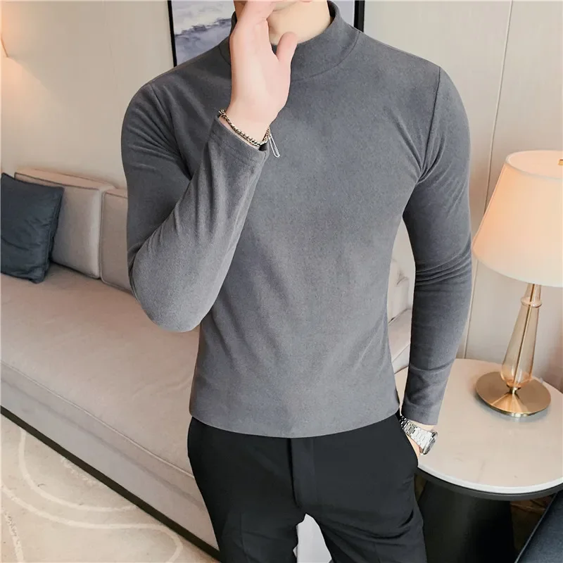 High Elastic Men T-shirt 2024 Autumn Winter New Warm Top Long Sleeve Solid Casual Slim Fit Half High Collar T-shirt Men Clothing