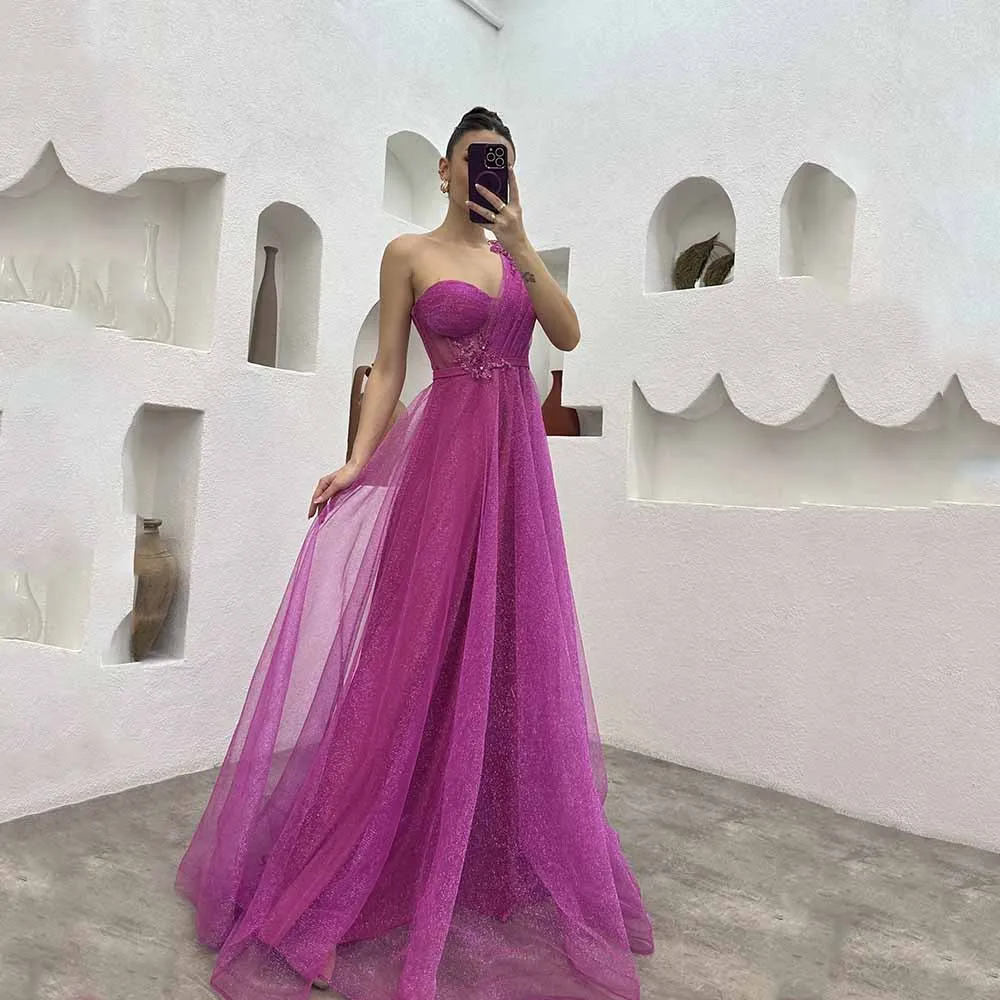 

Pastrol Evening Dress V-Neck One Shoulder Sleeveless Prom Dress Lace Applique A-Line Sweep Train Vestidos De Ocasión Formales