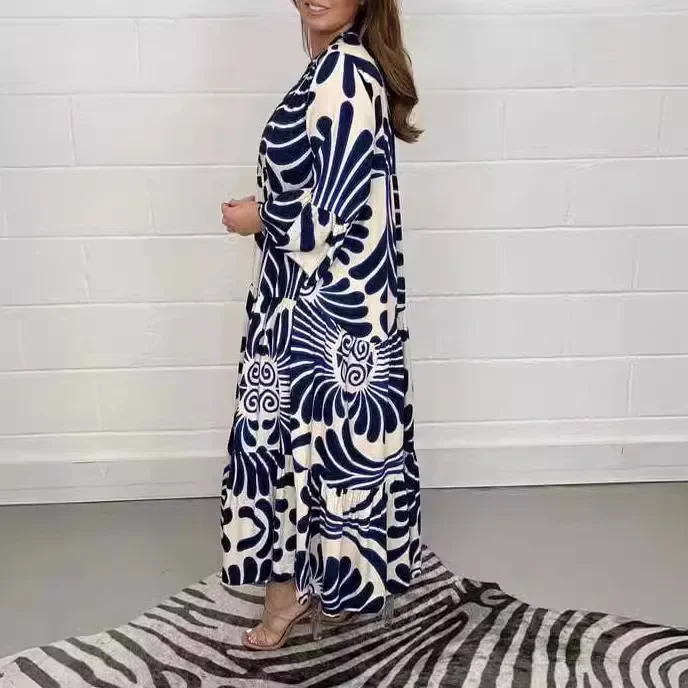 2024 novos vestidos femininos moda impressa com decote em v meia mangas vestido longo para mulher