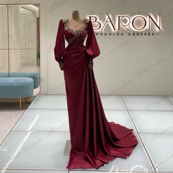 Sexy Satin Evening Dresses For Women Fashion Off Shoulder Fluffy Long Sleeves Elegant Simple Mopping Party Customized Prom Gowns