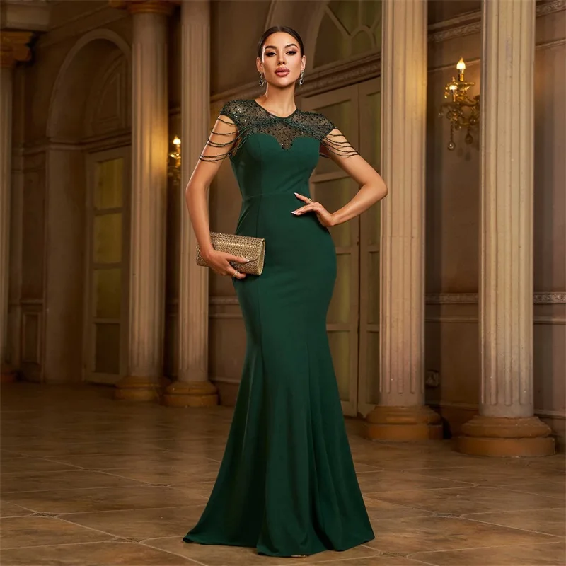 

O-Neck Sequins Glitter Women Prom Dress Big Skirt Hem Sleeveless Evening Skirt Green High Waist Party Gown New Arrival In Stock