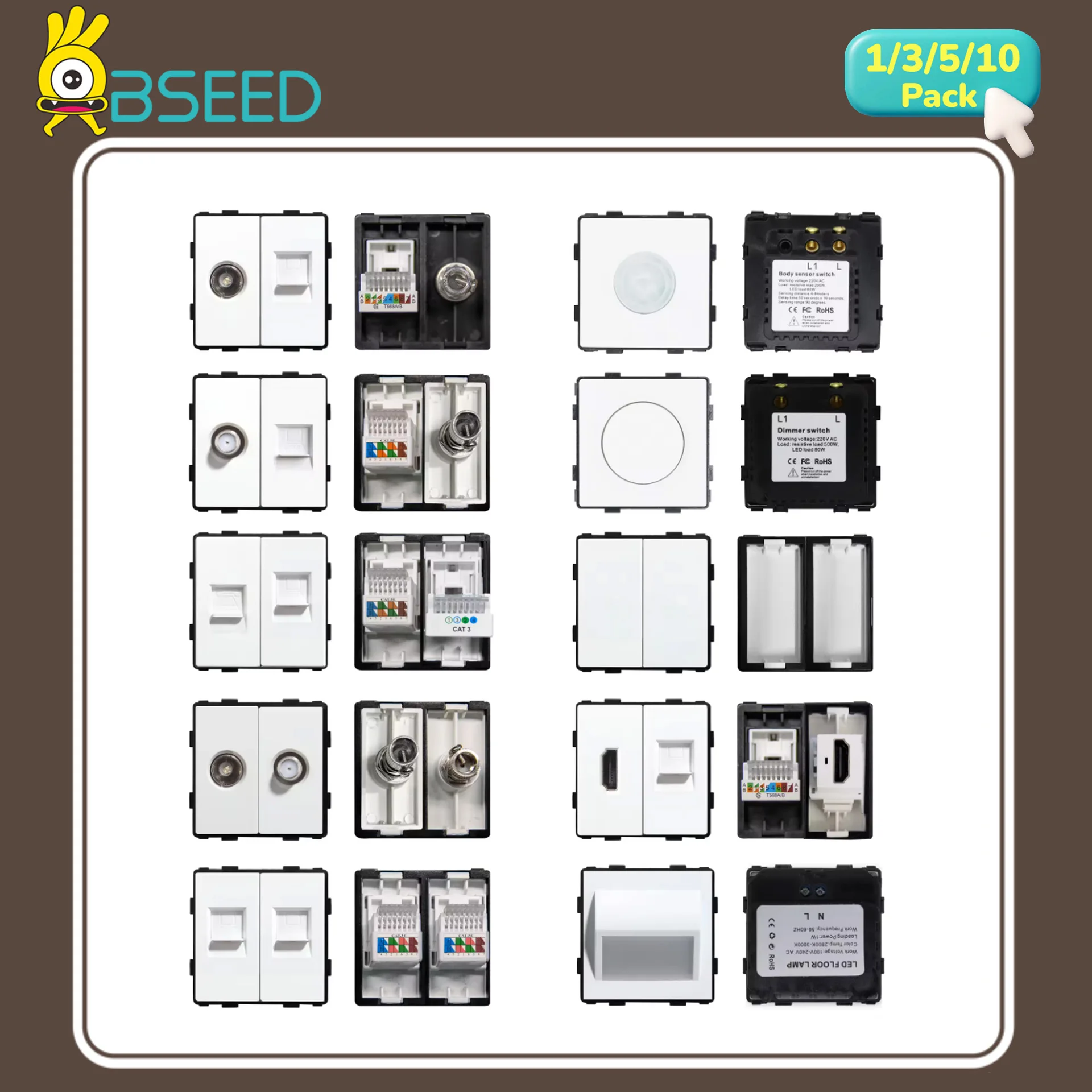 BSEED Wall TV Parts White Internet CAT5 CAT6 Sockets Function Module DIY EU Satellite Sockets Power HDMI Outlet Parts No Frame