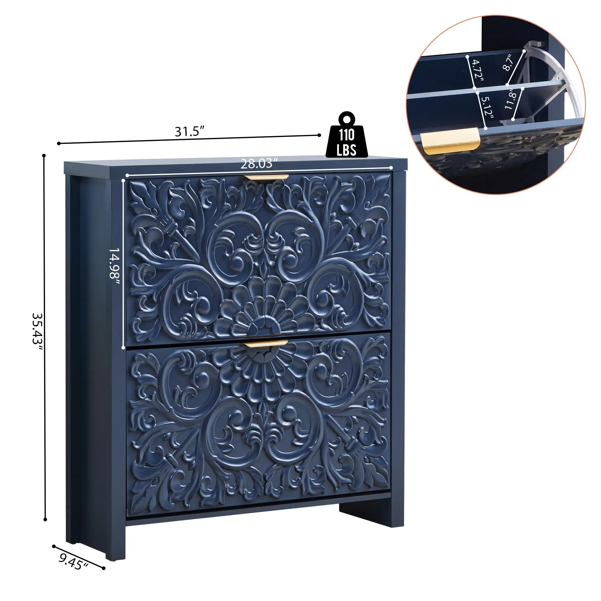 Shoe Cabinet with Flip Drawers, Narrow Shoe Storage Cabinet, 2-Tier Hidden Shoe Organizer with Floral Embossed for