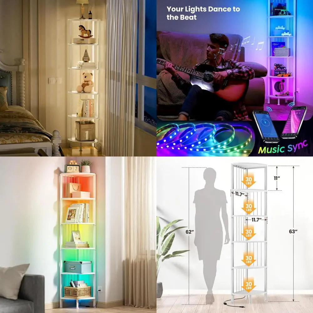 

Белая 6-уровневая угловая полка со светодиодной подсветкой для гостиной, игровой комнаты и спальни - умный пульт дистанционного управления своими руками