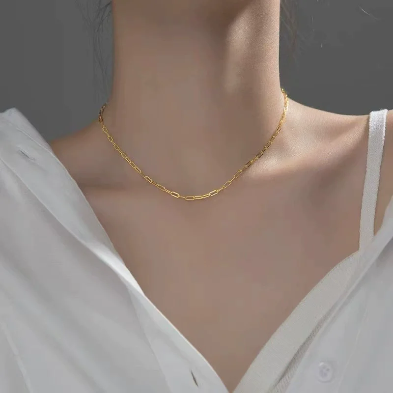 

Trendy 925 Sterling Silver Rectangular Chain Necklace for Women Collarbone Chain Jewelry Accessories Gifts