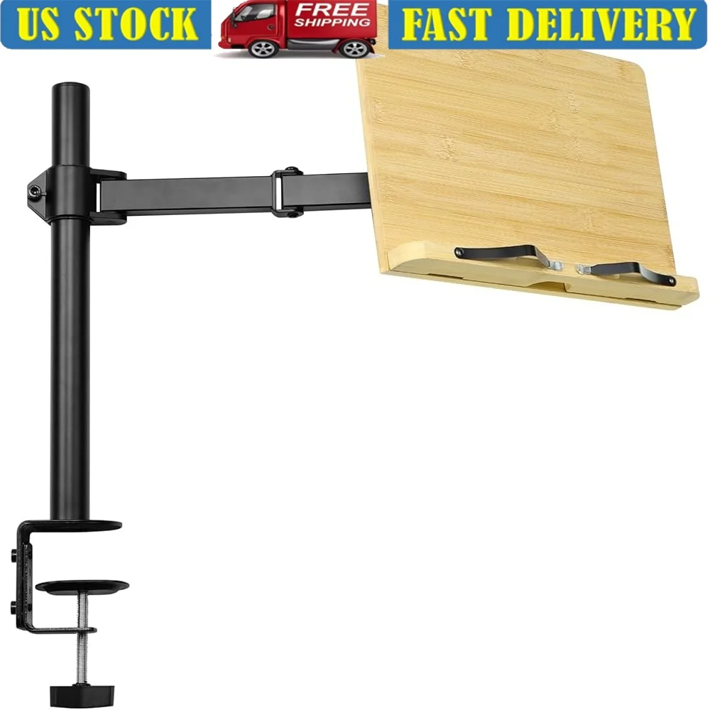 

Bamboo Book Stand with Clamp Adjustable Reading Holder Books Tablets Music E-Readers Portable Durable Desk Accessories