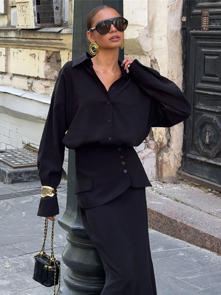 

Whatiwear Casual Style 3 Piece Set Women Single-Breasted Full Sleeve Jacket+Button Skirts+Elastic Waist Long Skirts Elegant Suit