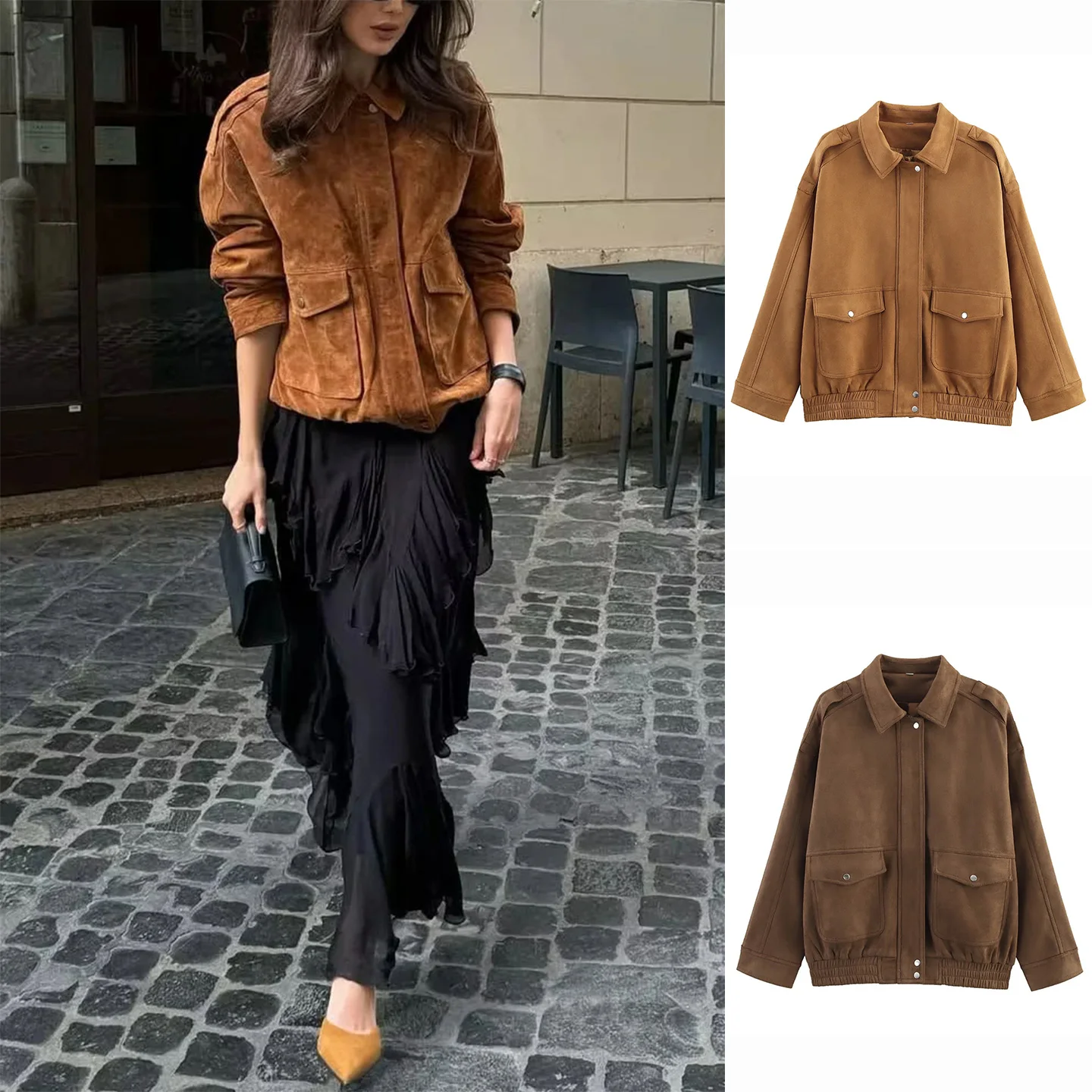 

Американская женская длинная куртка из искусственного меха в стиле ретро, свободная летная куртка, осеннее новое поступление, простая молния из полиэфирного волокна...