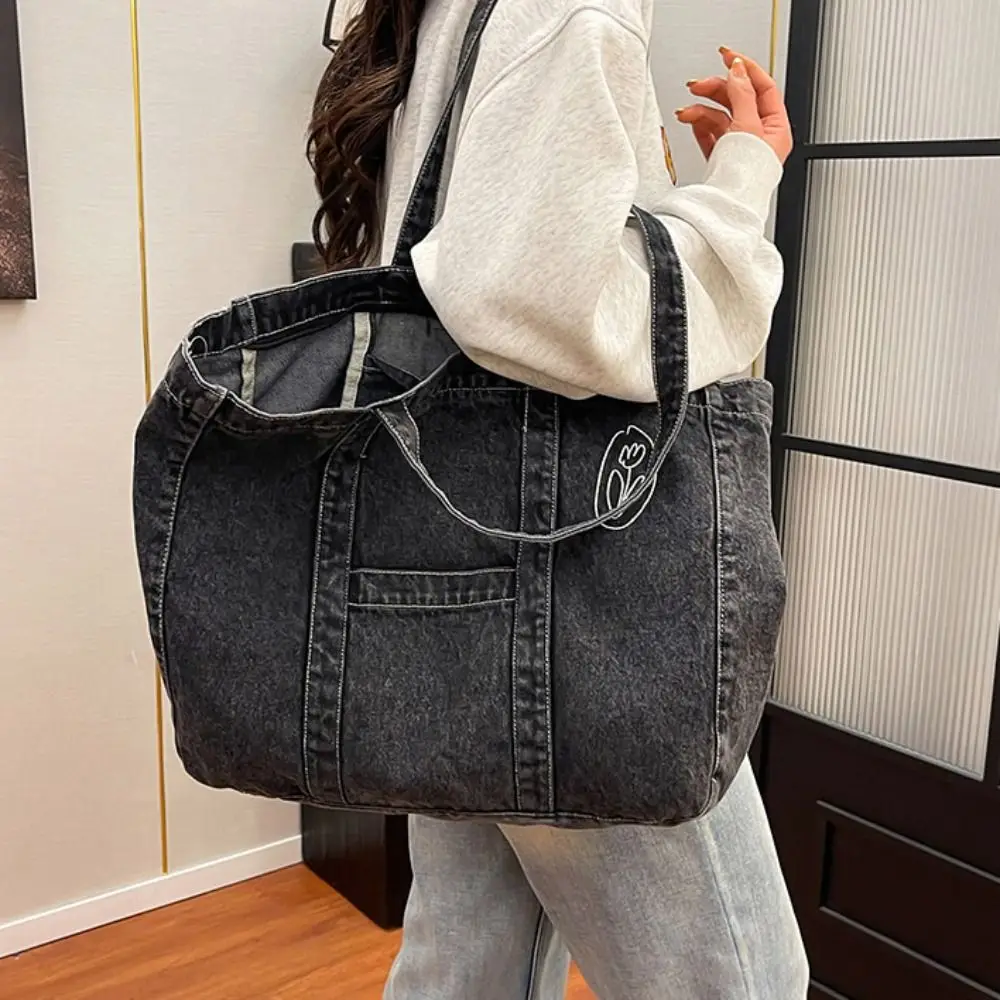 

Korean Style Denim Tote Bag Tote Bag Solid Color Large Capacity Handbag Large Capacity PU Leather Underarm Packs Office Worker