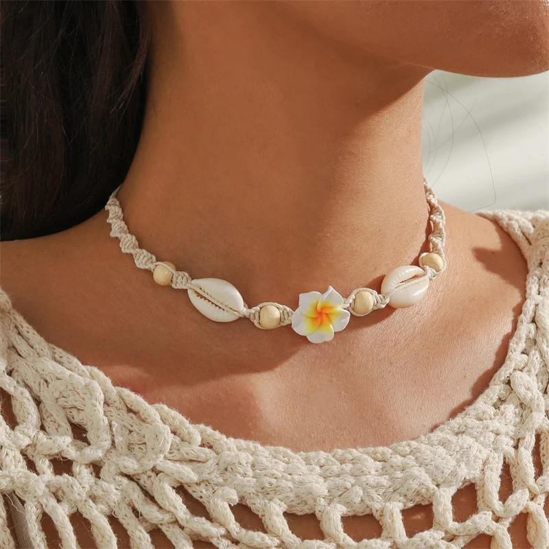 Bohemia Sea Shell Choker Necklace For Women Fashion Summer Sweet Flower Pendant Hand-woven Rope Neck Chain Jewelry Accessory