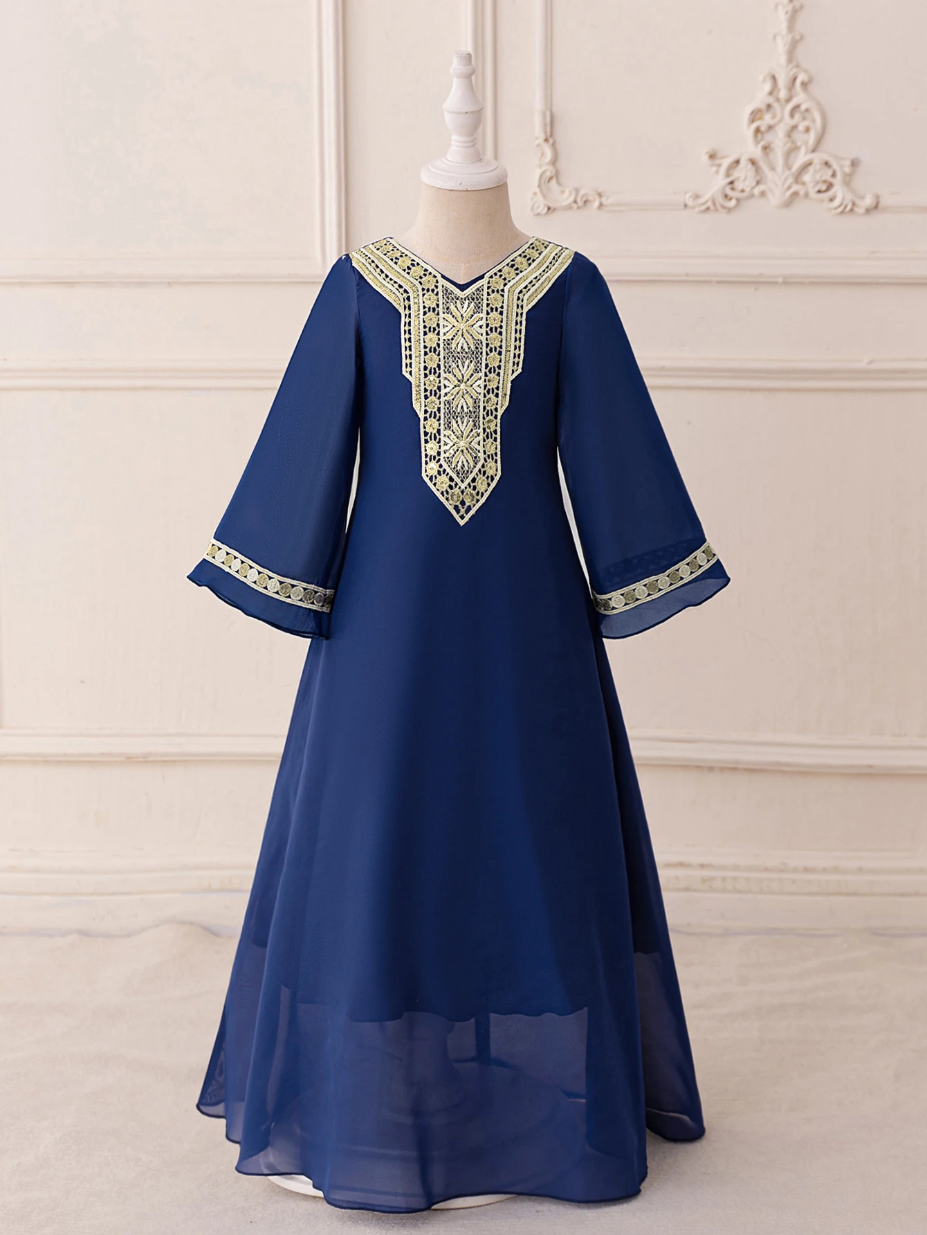 Muslimische Mädchen Patchwork Stickerei Ballkleid Dunkelblau Ramadan Roben Festival Aufführungen Partys Bankette Host Abendkleider