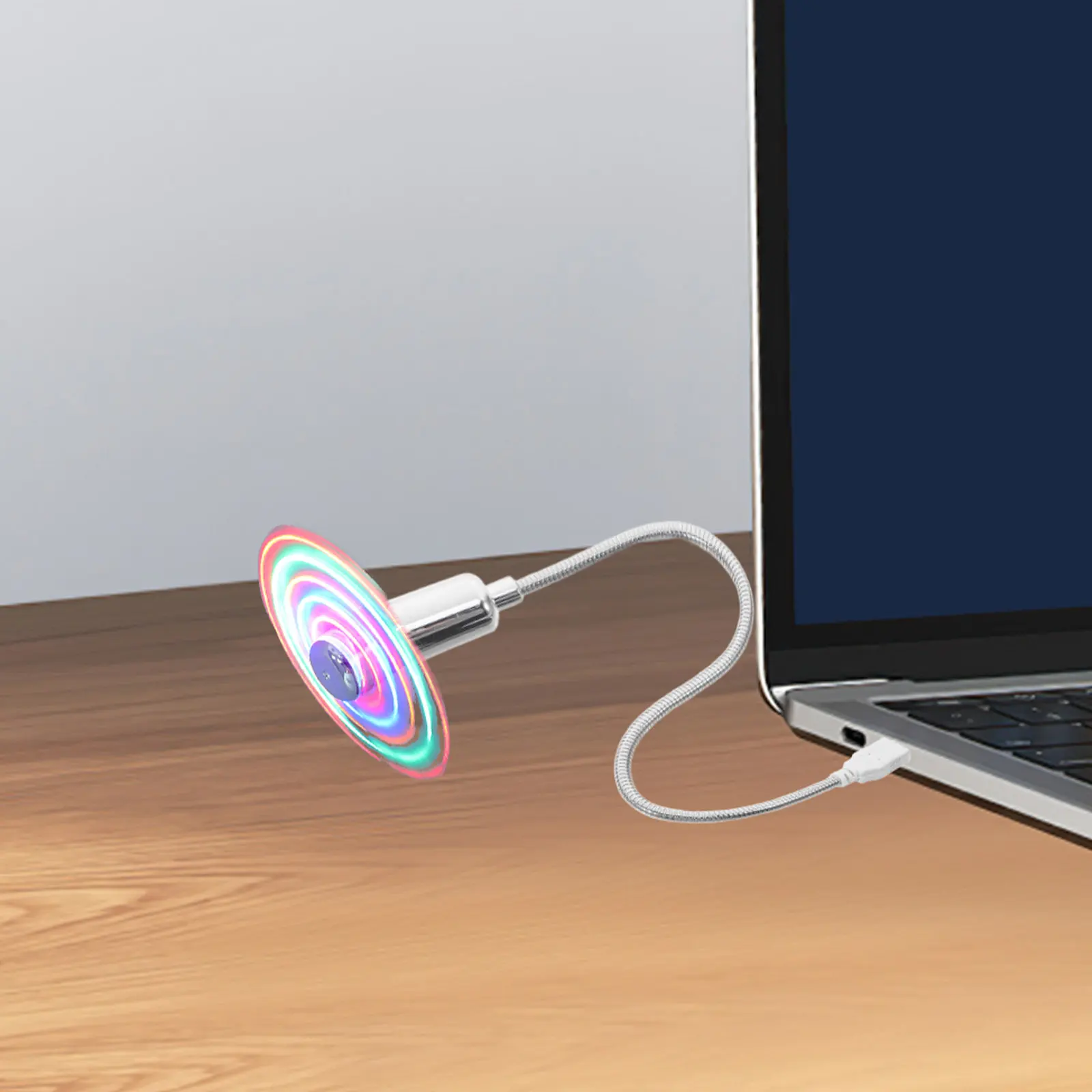 USB Mini Fan Silver 41Cm Colorful LED Display Blades Portable Desktop Laptop Cooling Fan No Driver Setup USB Powered 7-Color
