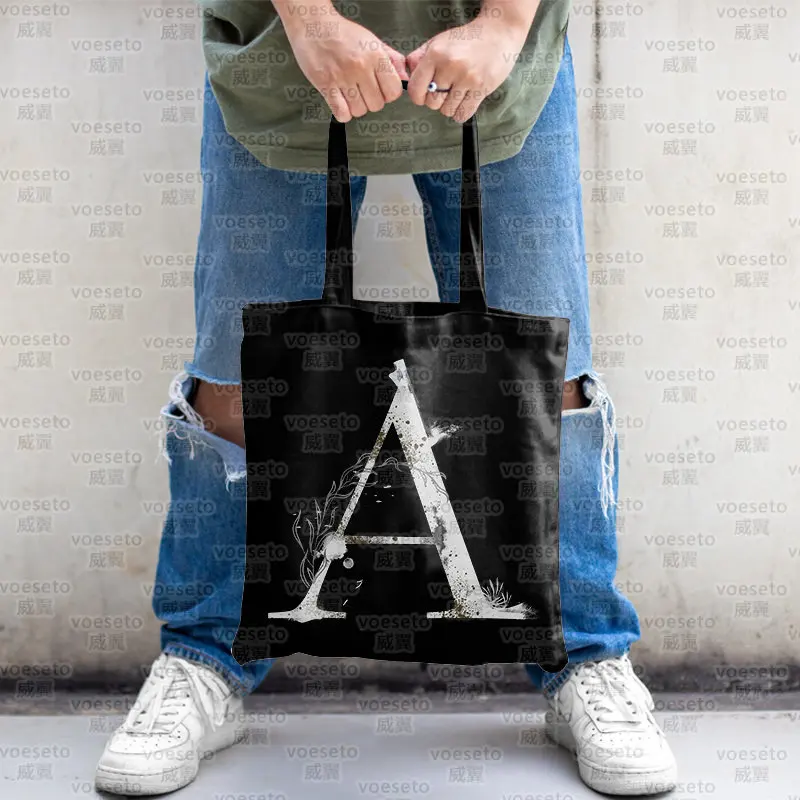 White Letter Series Black Canvas Tote Bags Foldable Shopping Bags for Groceries Big Capacity for Ladies Eco Convenient Cloth Bag