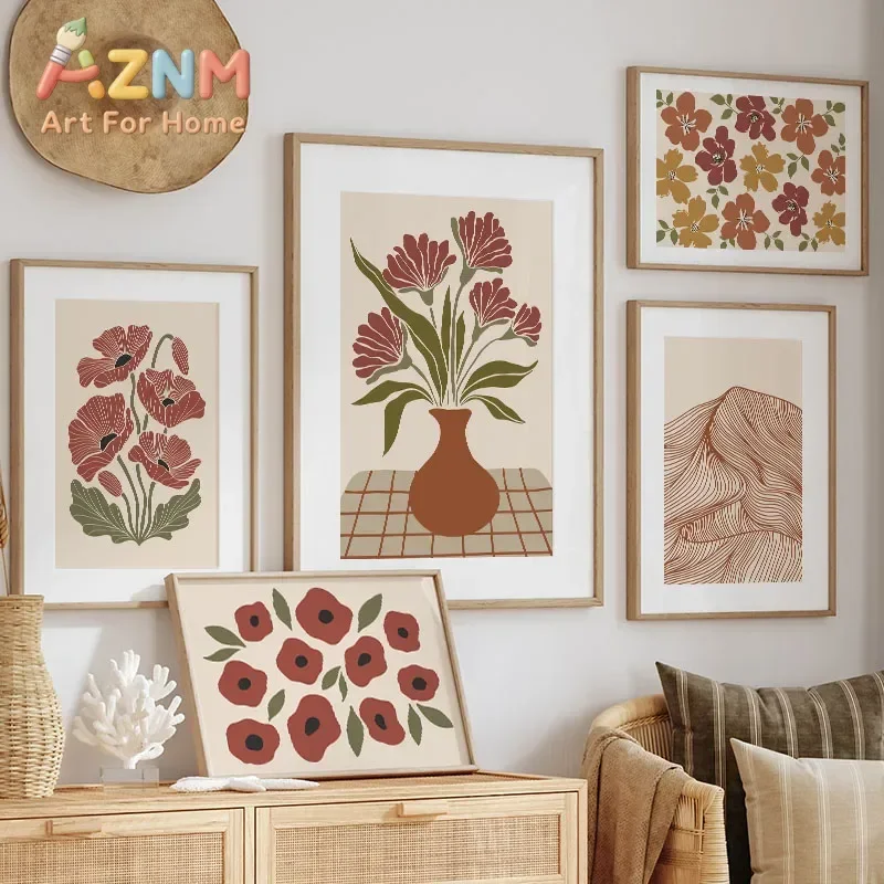 AZNM Terracotta Boho Floral Vase Canvas Wall Art Abstract Flower Mountain Print Poster for Living Room Bedroom Home Wall Decor
