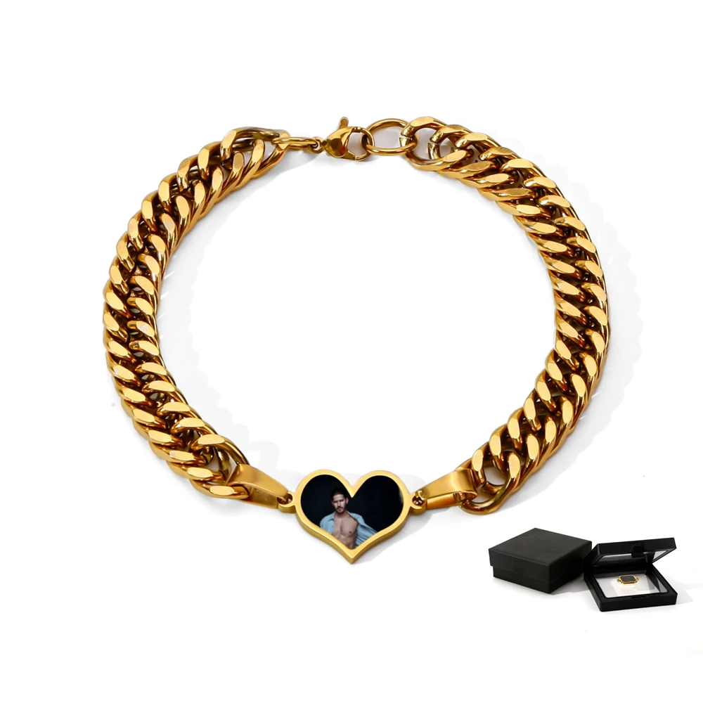 HIYEE Heat Display Photograph Custom Photo Heart Shaped Pendant Stainless Steel Gold Plated Men Women Souvenir Bracelet Jewelry