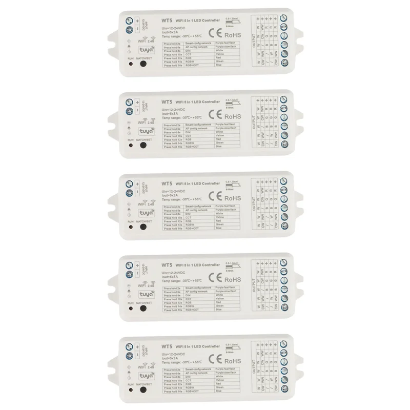 

A63K-5X Светодиодный контроллер Tuya 5 в 1, диммер CCT RGB RGBW RGBCCT Strip Smart Life Wi-Fi 2,4G RF Пульт дистанционного управления 12-24 В WT5