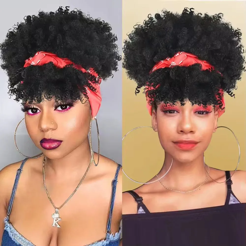 Synthetic Headband Wigs Afro Kinky Curly Short Fluffy Curly Scarf Wig with Bangs Natural Wrap Wig 2 in 1 Cosplay Daily Use Wig