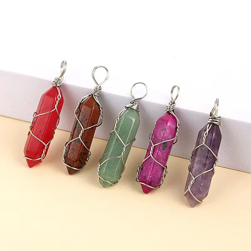 Natural stone crystal original stone copper wire wound mixed quartz double pointed pendent jewelry for gift