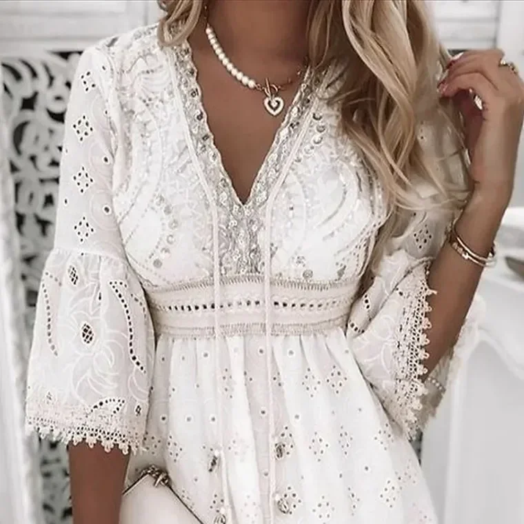 Hollow Out Summer Dress for Women Female V Neck Long Sleeve White Dresses Loose Solid Casual Women Beach Holiday Dress Vestidos