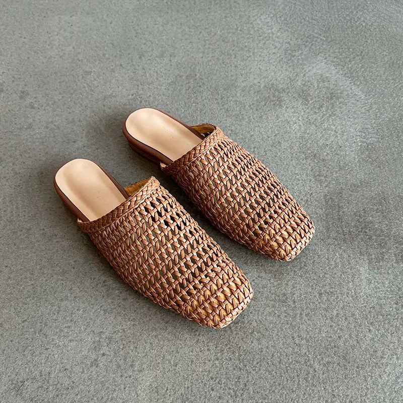 

Women's Retro Weaving Sandals Hollow Out Flat Bottom Outer Half Slippers Square Head Casual Shoes