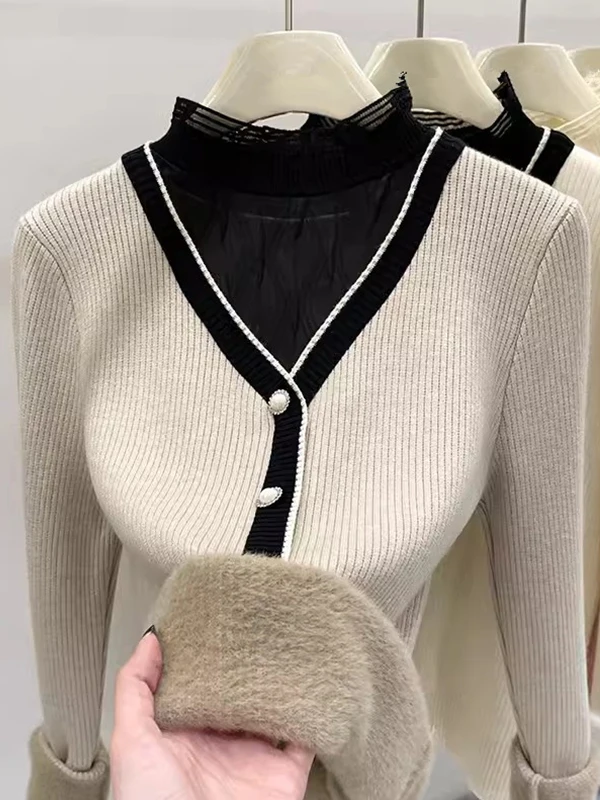 

Женский вязаный свитер с высоким воротником и подкладкой, имитация двухслойного верха, термобелье, длинный рукав