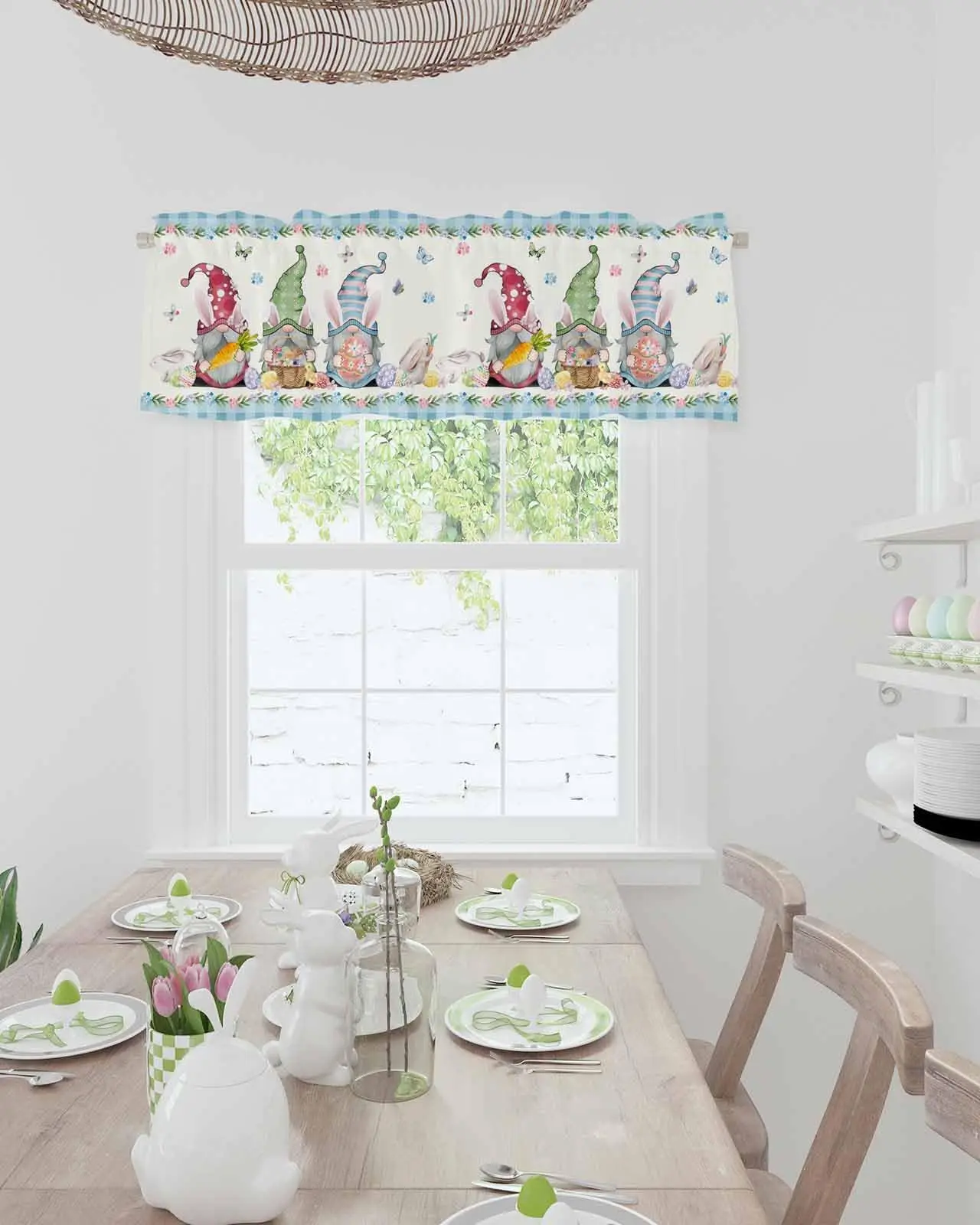 Easter Gnomes Curtain Valances for Windows,  Easter Eggs Bunny Window Treatment Rod Pocket Valance Curtains Kitchen