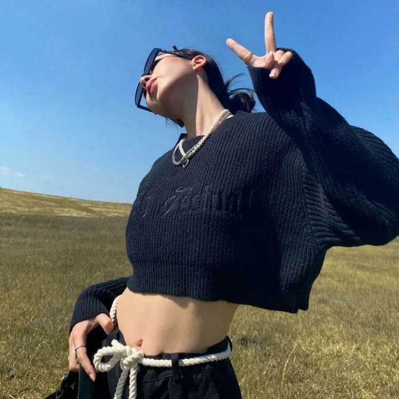 Deeptown Vintage Y2k Women Knitted Sweater Grunge Crop Top Streetwear Female Jumper Hip Hop Style Sexy Pullovers Korean Fashion