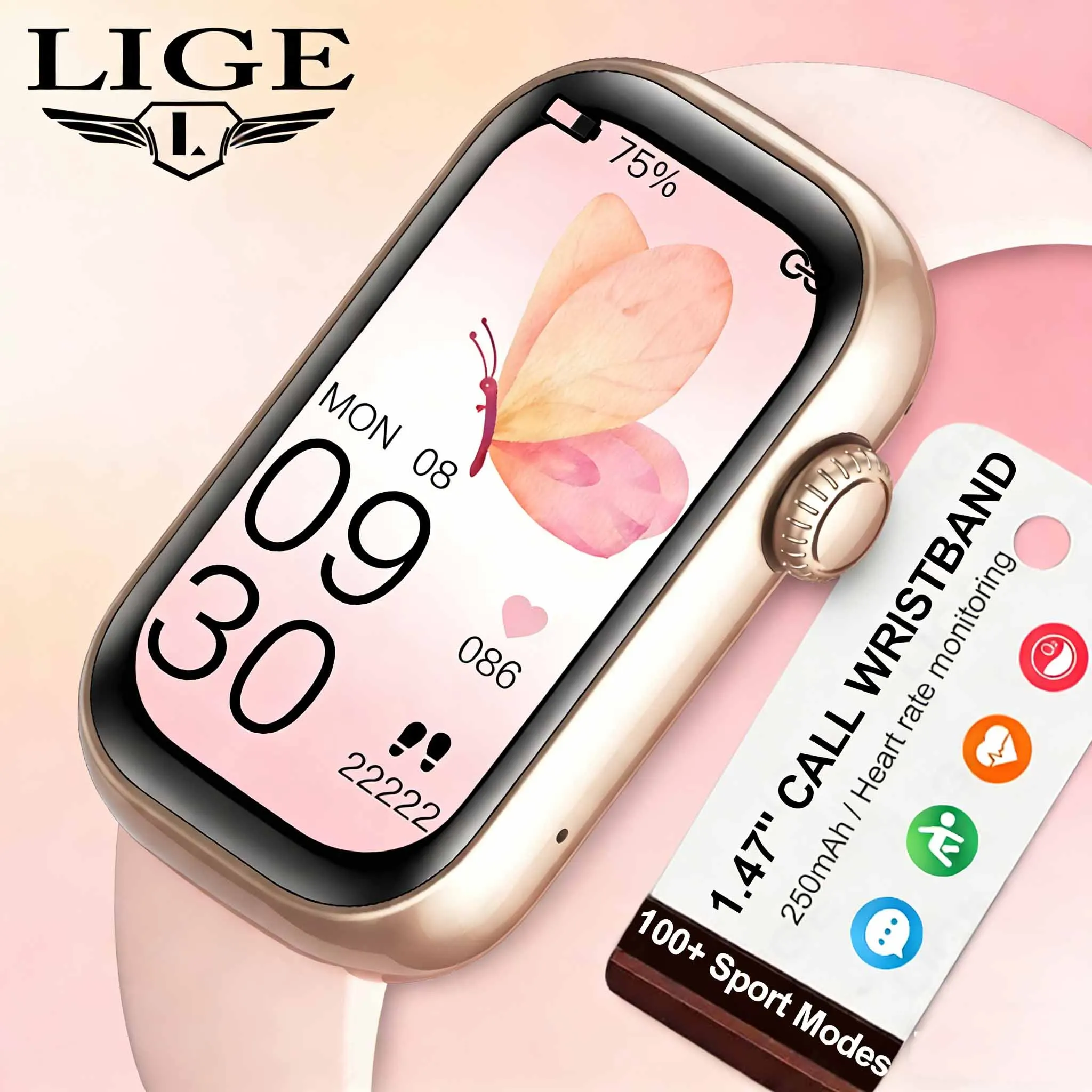 

LIGE Fashion Smartband Call Reminder Women‘s Health Bracelet Sports Fitness Heart Rate Step Count Waterproof Smart Watch Ladies
