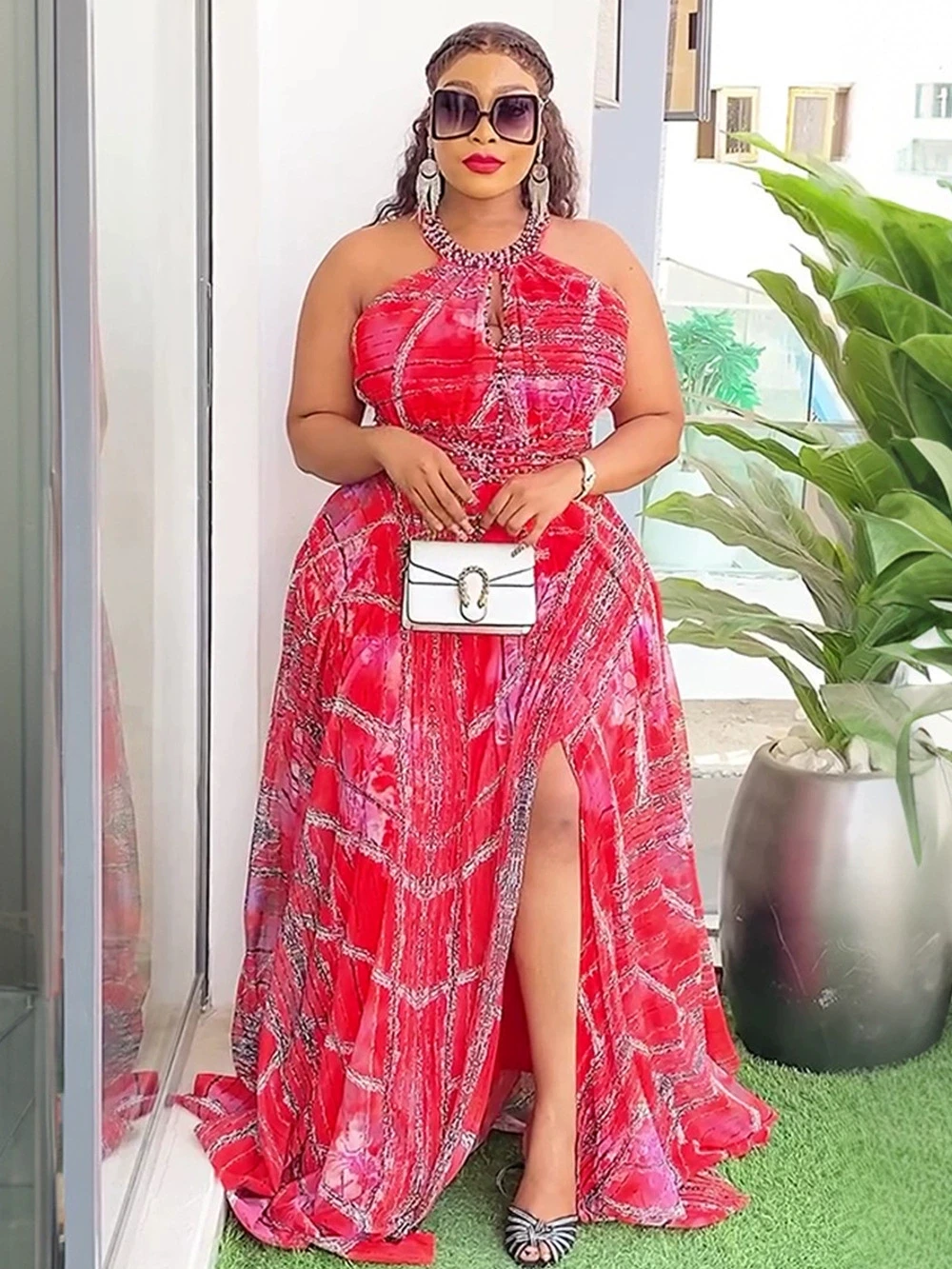 Dashiki African Dresses for Women Autumn Long Sleeve V-neck Wedding Party Evening Orange Midi Christmas Dress Outfits