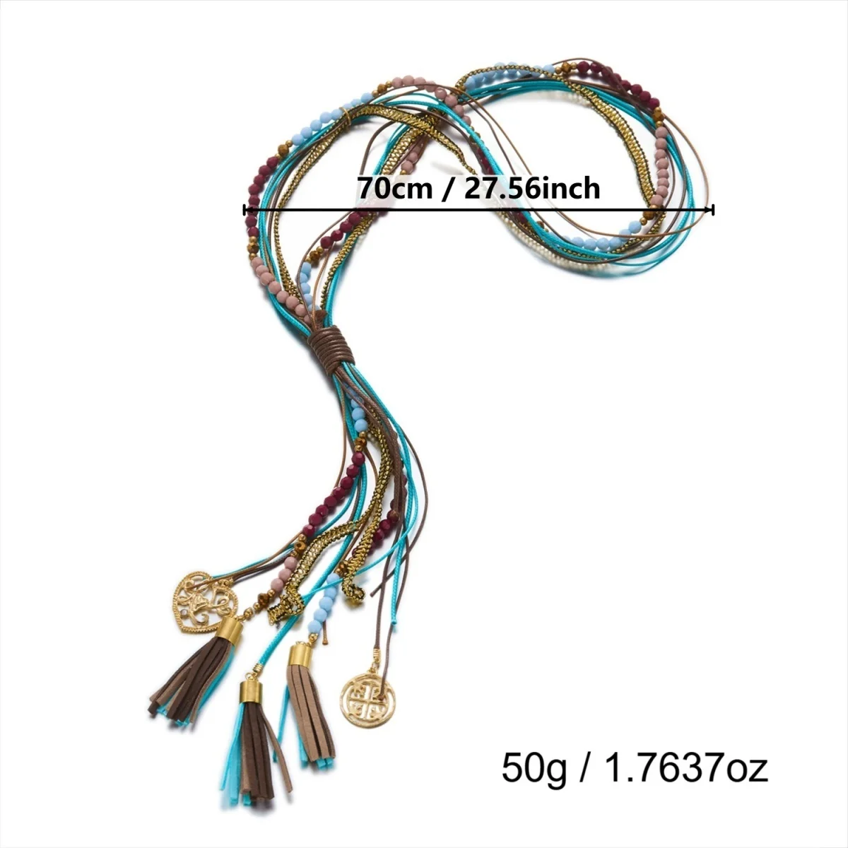 Boho Mehrschichtige Kristall-Langketten-Halskette für Damen und Herren Vintage Ethnische Bunte Perlen-Seilkette Quasten-Choker Reiseschmuck – Detail 27