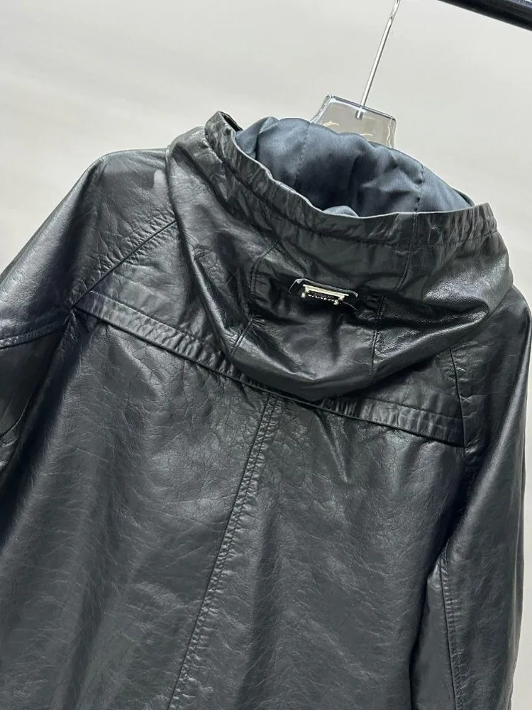 Nuovo designer Lady tasca con cerniera con cappuccio giacca in vera pelle di vacchetta manica lunga retrò autunno inverno stile corto casual femminile