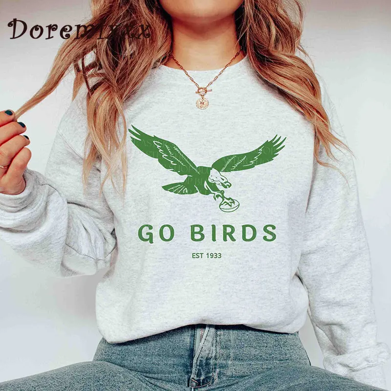 Vintage Philadelphia Printing Sweatshirts for Female Loose Vintage Go Birds Unisex Pullover Crewneck 80 90s Cotton Casual Jumper