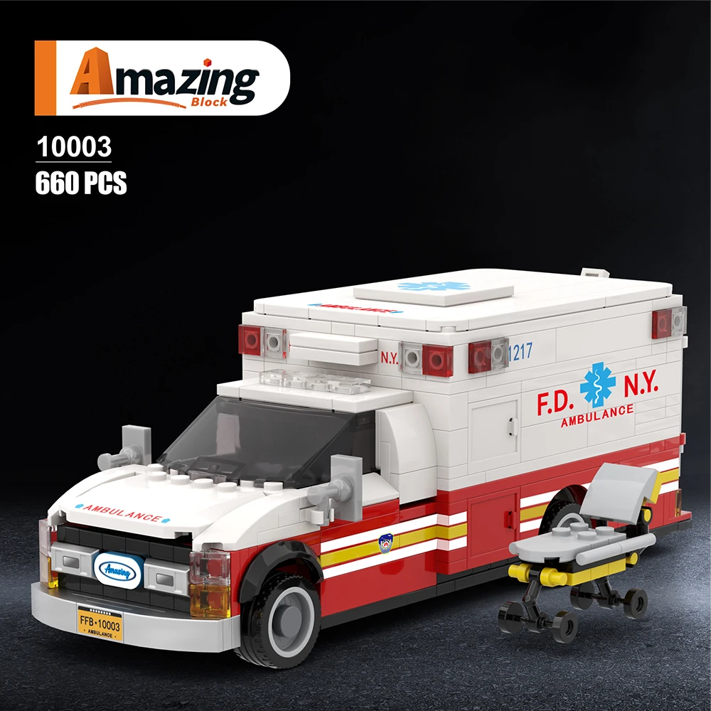 

660PCS American Ambulance Building Blocks With Folding Stretcher City Emergency Vehicle Model Bricks Ornament Kids DIY Toys Gift