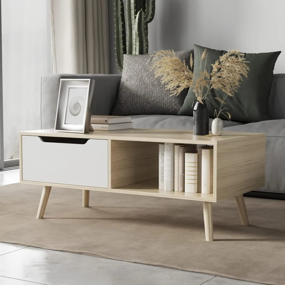 Table basse moderne en bois de chêne avec rangement, table de cocktail minimaliste du milieu du siècle, pour le couloir, la salle de séjour, la réception d'appartement